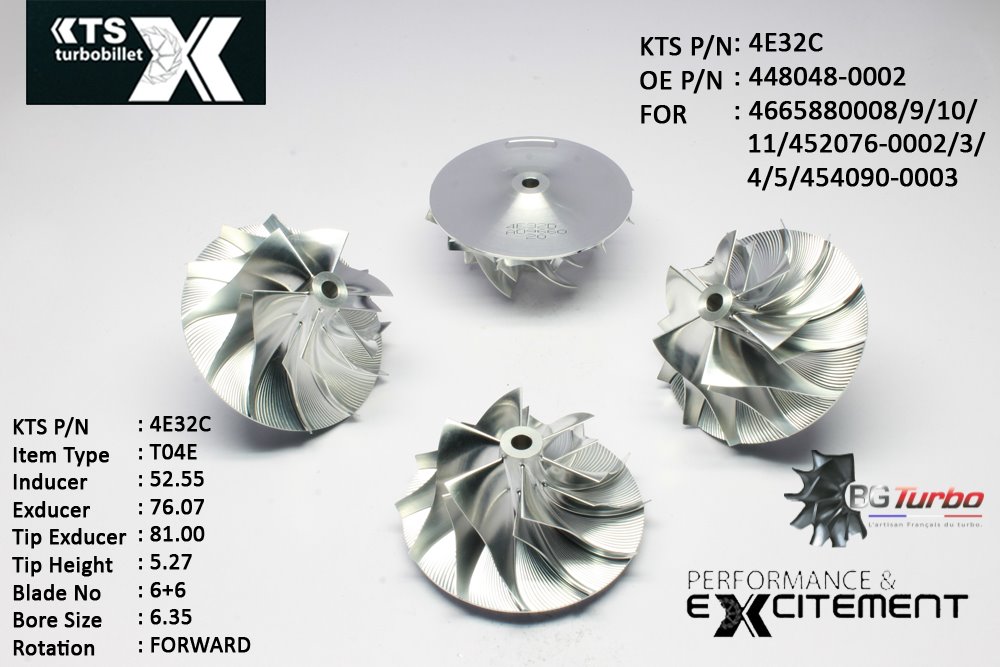 Turbo ROUE FORGÉE MFS PERFORMANCE - 6+6 PALES - INDUCER : 52,55 - EXDUCER : 76,07 - TYPE : T04EANGLE : 75° - ROTATION : Forward - SUPER BACK : 4,97 - BORE SIZE : 6,35
